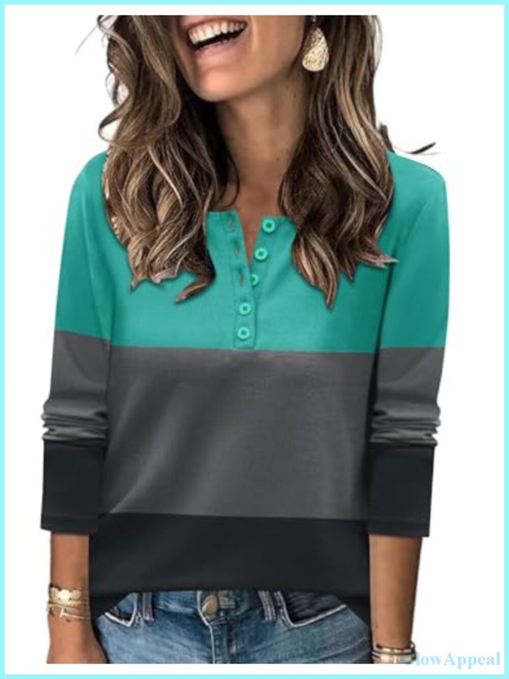 Women's Long Sleeve Henley Tunic Top Button Decor Pullover Blouse